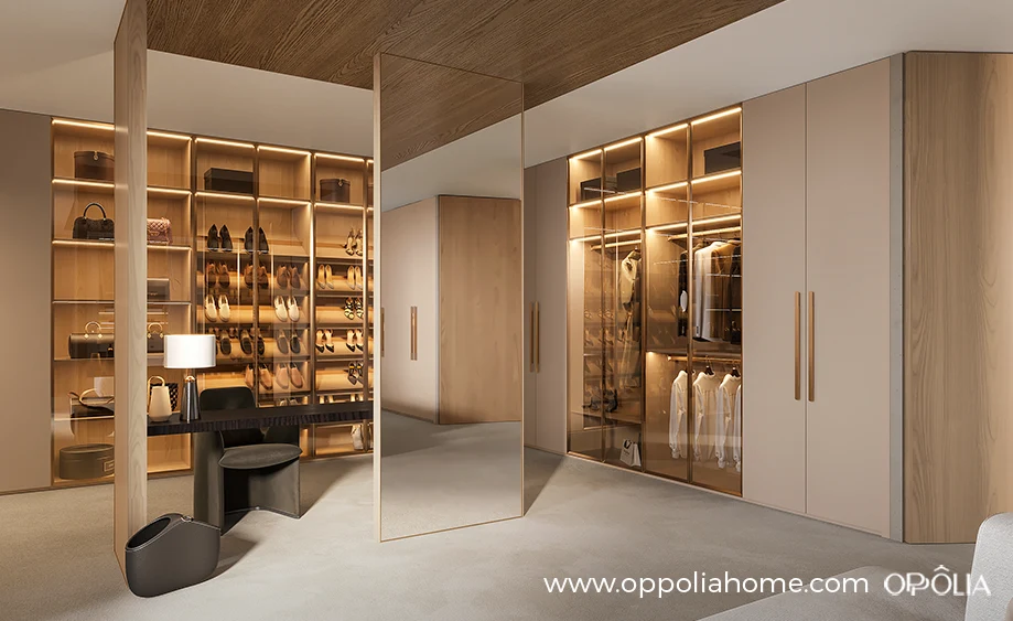 Luxury Walk in Closet with Beige and Light Wood Cabinets OBW23-L05